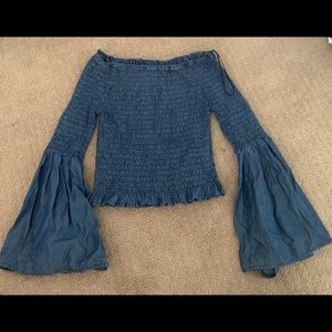 Ruched Denim Bell Sleeve Off the Shoulder Top L